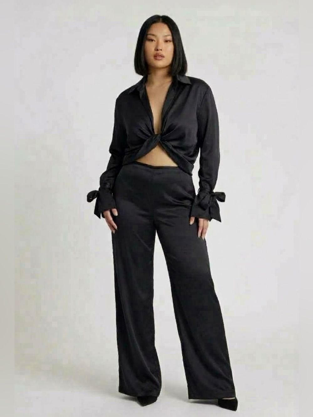 Fashion Nova "Lost In Allure" Satin Pant Set in Black, Size Medium NWT